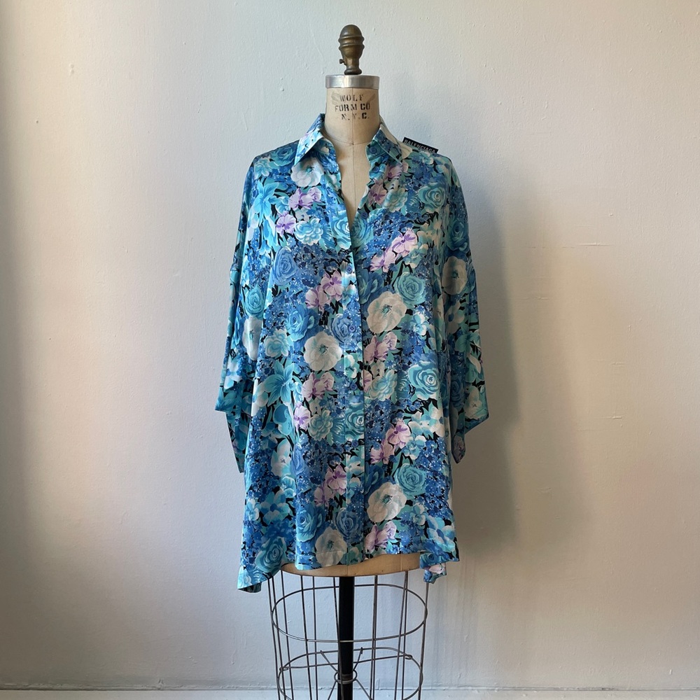 Balenciaga silk short sleeve button down in blue floral.